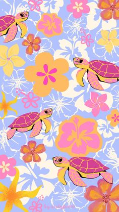 a colorful turtle and flowers on a blue background