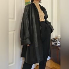 Most Unique And Beautiful Leather Duster Coat/ Leather And Suede Stripe Through Out, Free Flowing A Shaped Leather Coat/ Cuffed Sleeves And Two Pockets/ The Perfect Fall Winter Oversized Coat To Go With Any Outfit In Pre-Owned Condition, Shows Signs Of Wear, Areas Of Discoloration On Leather And Suede, Missing The Top Collar Button (Can Gift A Vintage Button From My Collection If Purchased), Ripped Lining Around Armpit/ Size L Fits Xs-Xl Depending On Desired Fit, Very Oversized On Me But Looks S Oversized Leather Coat, Leather Duster, Oversized Coat, Free Flowing, Vintage Button, Chunky Sweater, Vintage Jacket, Cuff Sleeves, My Collection