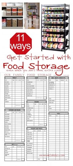 an image of food storage with the text 11 ways to get started with food storage