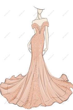 Off-shoulder Plunging Dusty Pink Custom Wedding Dress Sketch Detailed Dress Drawing, Cute Drawings Of Clothes, Quinceanera Dresses Drawing, Fashion Inspo Outfits Drawing, Drawing Wedding Dresses, Clothing Sketches Design, Outfit Sketches Fashion, Dresses Sketches Design, Outfit Drawing Sketches