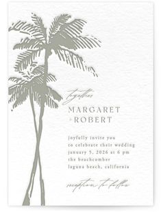 the palm tree wedding card is shown in grey ink