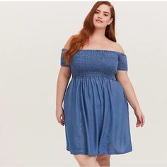 A Smocked Bodice Moves As You Do In This Off -Shoulder Dress That Features A Flattering Skater Silhouette And Dreamy Chambray Fabric. Chambray Fabric Off Shoulder Neck Smocked Upper Short Sleeves Side Pockets Above-The-Knee Skater Silhouette Content + Care Lyocell Wash Cold; Dry Low Imported Plus Size Dresses Size + Fit Size Measures 41” From Shoulder Bin #6 Casual Off-shoulder Smocked Ruched Dress, Casual Off-shoulder Smocked Dress, Denim Chambray Dress, Pink Chiffon Dress, Kiss Dress, Jersey Wrap Dress, Knit Wrap Dress, Chambray Fabric, Womens Shift Dresses