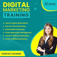 a woman in business attire with her arms crossed and the words digital marketing training on it