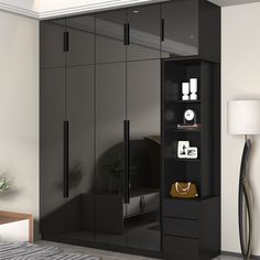 a modern bedroom with black cabinets and white carpeted flooring on the side wall