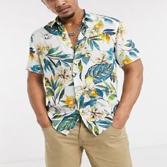 Asos Design Viscose Regular Shirt In Haiwaiian Large Floral New With Tag, Never Worn. #Tds179m White Tropical Shirt With Palm Tree Print, Hawaiian Floral Print Button-up Shirt, Floral Print Hawaiian Button-up Shirt, Summer Floral Print Collared Shirt, Button-up Hawaiian Shirt With Tropical Print For Beach, Hawaiian Button-up Shirt With Hibiscus Print For Vacation, Tropical Print Button-up Shirt For Beach Season, Tropical Print Button-up Hawaiian Shirt For Beach, Hibiscus Print Button-up Top For Vacation