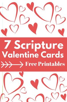 7 valentine cards with hearts and arrows in red on white background, the text is free print