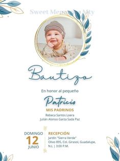 a baby announcement card with an image of a baby in a hat and leaves on it