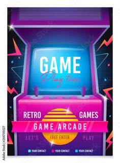 the retro arcade game flyer is shown with neon colors and an old tv on it