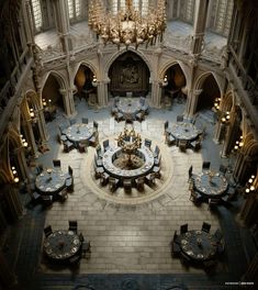 an overhead view of a dining hall with tables and chairs set up in the center