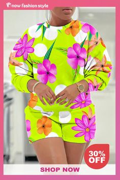 knowfashionstyle Casual Floral Print O Neck Short Sleeve Sweatshirt And Shorts Two Pieces Shorts Sets Multicolor Spring Crew Neck Set, Summer Printed Sets With Crew Neck, Printed Short Sets For Spring, Short Printed Sets For Spring, Yellow Casual Sets With Floral Print, Casual Yellow Floral Print Sets, Casual Yellow Sets With Floral Print, Yellow Casual Floral Print Sets, Sweatshirt And Shorts