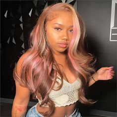 Brown Hair With Blonde Balayage, Pink Balayage, Balayage Brown, Skunk Stripe, Frontal Wig Hairstyles, Dyed Hair Inspiration, Pink Highlights, Human Wigs, Hair Color Pink