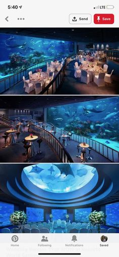 there are two pictures of the inside of an aquarium with tables and chairs in it