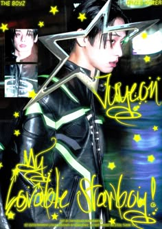 a man in black leather clothes with stars on his head and the words neon above him