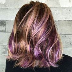 Love this dark brown hairstyle with beautiful blonde and purple highlights Gray Hair Pink Highlights, Low Maintenance Hair Color Winter, Jj Hair, Hair Colour Design, Peekaboo Highlights, Winter Hair Color, Colored Highlights, Rainbow Hair