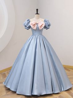 Blue Satin Floor Length Prom Dress with Bow Prom Dress With Bow, Brown Prom Dresses, Champagne Homecoming Dresses, Yellow Homecoming Dresses, Orange Prom Dresses, Purple Homecoming Dress, Burgundy Homecoming Dresses, Blue Ball Gowns, Quinceanera Dresses Blue