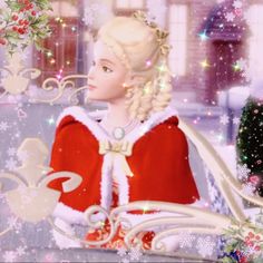 a digital painting of a woman in a red dress sitting on a bench surrounded by snowflakes