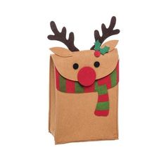 a brown bag with reindeer head and scarf on it