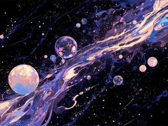 some bubbles are floating in the air on a black background with blue and pink colors