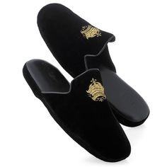 Black velvet outers are embroidered with handsome gold crowns. The interior is cushioned black leather for comfort, debossed with the Scully & Scully logo. Handmade in Italy. Exclusively at Scully & Scully. Please specify small (6½- 8), medium (8½-9½), large (10-12), or extra large (12½ and up). Gold Crowns, Gold Slippers, Logo Handmade, Smoky Quartz Earrings, Luxury Gifts For Men, Leather Photo Albums, Men Sandals, Luxury Home Furniture, Mens Fashion Smart