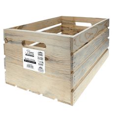 a wooden crate with a label on the lid and bottom section is shown in front of a white background