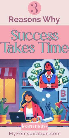 Illustration depicting a woman working diligently in a modest setting, with a dream of her future self looking rich and powerful in the background, symbolizing that success takes time. Achieve Success