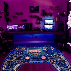 an illuminated video game controller rug in a living room