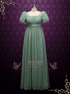 Green Regency Style Empire Dress with Floral Lace JOANNE – ieie Elegant Green Dress With Historical Design, Green Formal Dress With Historical Design, Formal Green Dress With Historical Design, Green Wedding Dress With Historical Design, Green Historical Design Wedding Dress, Green Victorian Dress For Wedding, Green Victorian Wedding Dress, Fitted Green Regency Style Dress, Green Fitted Regency Style Dress