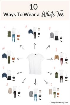 10 Ways To Wear a White Tee - See how to wear a white tee in 10 outfits, from the eBook, The Essential Capsule Wardrobe: Fall 2017 Collection.  Add a white tee to your closet and wear it with skinny jeans, ankle pants, burgundy jeans, olive jeans, utility vest, suede jacket, denim jacket, skirt, booties and flats. Denim Shorts Outfit Summer, How To Wear Jeans, 10 Ways To Wear, Olive Jeans, Classy Yet Trendy, White Tee Shirt, Mode Tips, Spring Denim, Burgundy Jeans