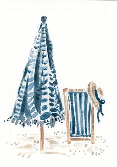 a watercolor painting of a beach chair and hat next to a towel on a pole