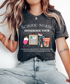 a woman with long hair wearing a school nurse t - shirt