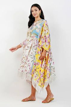 Multicolor panelled kaftan with floral print, embroidered yoke and lace embellishment. Paired with slip. - Aza Fashions Kaftan For Women, Lace Neckline, Aza Fashion, Types Of Sleeves, Floral Print, Multi Color, Floral Prints, For Women, Lace