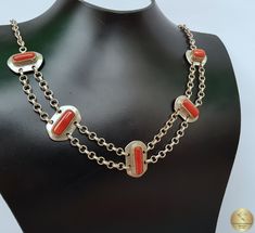 "◎ Red coral necklace based on a solid, belcher type chain. Mediterranean coral cabochons are encapsulated in simple bezels. The coral is unique, all natural and hasn't been treated or dyed in any way. Everything is handmade from solid sterling 925 silver. ◎ Length: 44.5 cm ( 17.5\" ) Dimensions of coral cabochons: 5-6 mm in width, 9-17 mm in length ◎ Enter the shop, for more of our jewelry, and matching earrings ;) ◎ - - - - - - - - - - - - - - - - - - - - - - - - - - - - - - - - - - - - - - - Handmade Red Oval Necklace, Red Round Chain Jewelry, Red Oval Hallmarked Necklace, Antique Red Nickel-free Jewelry, Red Vintage Necklace With Cabochon, Red Metal Chain Necklace As Gift, Unique Red Necklace For Collectors, Red Handmade Necklace For Collectors, Vintage Red Jewelry With Adjustable Chain