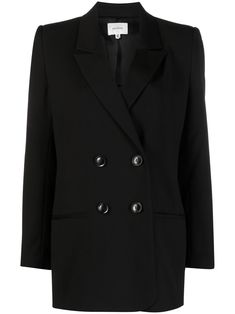 black peak lapels double-breasted button fastening two front welt pockets shoulder pads long sleeves buttoned cuffs American rear vent Versace Outfit, Yoko London, Blazer Black, Breasted Blazer, Double Breasted Blazer, Ski Wear, Black Blazers, Outerwear Women, Welt Pockets