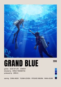 the poster for grand blue shows two people in scuba gear, one holding a surfboard