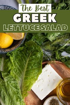 The ingredients for maroulosalata or greek lettuce salad sits on a table. There is romaine lettuce, feta cheese, lemon and fresh herbs like parsley, mint and dill. Olive Oil Dressing