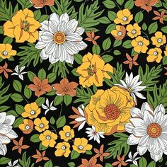 a black background with yellow, white and orange flowers on it's sides is shown