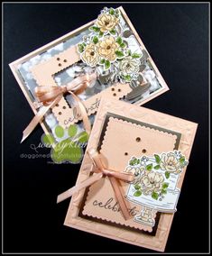 two cards that have flowers on them and ribbons around the edges, both with bows