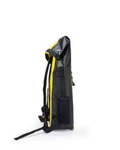 a black and yellow backpack on a white background