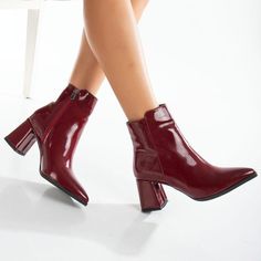 BURGUNDY PATENT BOOTS - BRICK RED ANKLE BOOTS - BURGUNDY RED  BOOTIES Looking for Burgundy Patent Ankle Boots? Our Burgundy Red Boots are one-of-a-kind, durable, and constructed using high-quality materials. * Embrace the upcoming winter season with confidence, as these pointed toe booties offer both style and warmth. The 2.7-inch (7 cm) block heel elevates your look while providing a comfortable and stable stride. * Whether you're navigating city streets or stepping out for a casual occasion, our dark red side zip ankle boots are a versatile choice. Level up your winter style with the perfect blend of fashion and functionality. Shop now and embrace the essence of Burgundy Patent Ankle Boots - where warmth meets sophistication We take great care and craftsmanship in handcrafting each pair Dark Red Boots, Red Ankle Boots, Burgundy Boots Ankle, Burgundy Boots, Red Booties, Patent Boots, Handmade Boot, Pointed Toe Boots, Red Boots