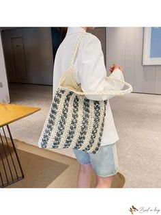 Bird in Bag - Stylish Color-Block Woven Tote Bag for Women - Chic Beach Bag with Striped Design and Shoulder Strap Woven Tote Bag, Bee Design, Tote Bag Pattern, Shoulder Tote Bag, Bird In Bag, Bag For Women, Shoulder Tote, Stripes Design, Bag Pattern