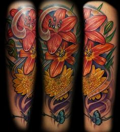 three tattoos with flowers and butterflies on their legs, one is red and the other is yellow