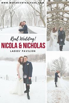 a couple standing in the snow with text overlay reading real wedding nicholas ladies'pavilion