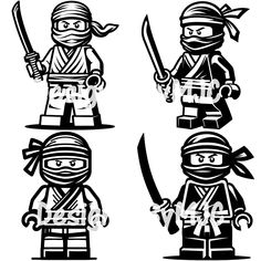 three lego ninjas with swords and helmets