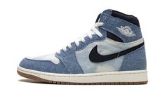 The Air Jordan 1 High OG “Denim” is a colorway of Michael Jordan’s first signature shoe designed in denim.  As its name suggests, the “Denim” Jordan 1 High OG features a denim construction, with the durable and lightweight material appearing throughout the design.  The base of the shoe has a white and indigo dyed denim build, while the overlays are constructed of a washed blue denim fabric.  An Obsidian denim Swoosh appears on the sides, and more Obsidian-colored denim can be seen on the collar. Denim Jordan 1, Jordan 1 High Og Denim, Dyed Denim, Jordan 1 High Og, Wings Logo, Air Jordan 1 High, Jordan 1 High, Denim Shoes, June 15