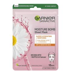 Envelop thirsty skin in the Garnier Chamomile Hydrating Face Sheet Mask , a deeply nourishing treatment that helps to minimise dryness and sensitivity. The lightweight tissue mask is infused with a rich serum containing Glycerin, Chamomile and Hyaluronic Acid, which delivers instant and lasting moisture to skin in order to ease feelings of irritation and tightness. After use, skin feels calm and comfortable and is infused with a healthy-looking glow.  Suitable for dry and sensitive skin types. Garnier Sheet Mask, Garnier Face Mask, Soothing Face Mask, Garnier Micellar Water, Garnier Skin Care, Face Sponge, Skin Care Masks, Face Sheet Mask, Garnier Skin Active