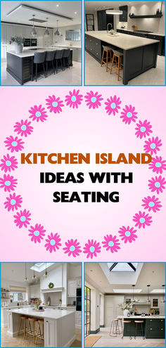 kitchen island ideas with seating in the middle and pink flowers on the bottom, above