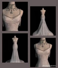 four different views of the back of a white wedding dress with beaded details on it