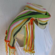 Citrus Stripes Scarf Bright Fiesta Beaded Ribbon Fringe Scarf Bohemian Woven Scarves One Size, Bohemian Woven Scarf, Handmade Multicolor Scarf For Beach, Handmade Multicolor Scarves For Beach, Handmade Multicolor Scarves For The Beach, Bohemian Green Scarves For Beach, Green Bohemian Scarf For Beach, Green Bohemian Scarf For The Beach, Bohemian Green Scarf For Beach