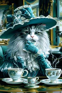 a painting of a cat wearing a hat and holding a tea cup in front of it