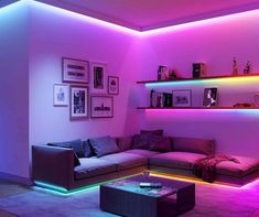 a living room filled with furniture and colorful lights on the wall above it's shelves